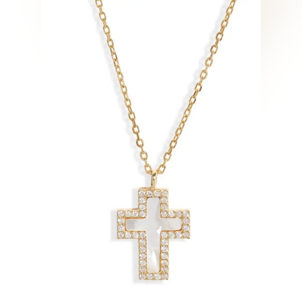 925 Sterling Silver Argento Vivo Mother Of Pearl & Cubic Zirconia Cross Pendant